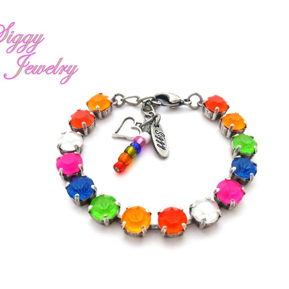 Colorful Crystal Tennis Bracelet in Electric Neon Colors, 8mm Assorted Finishes - Picture 2 of 6